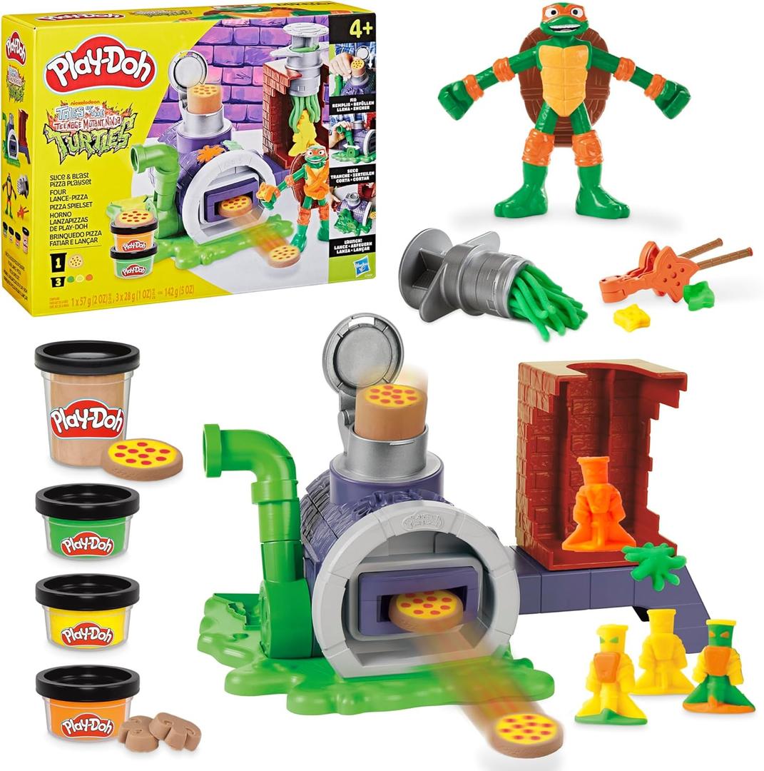 Play-Doh Teenage Mutant Ninja Turtles Slice & Blast Pizza Playset, Bendy 4 Inch Mikey Action Figure, Kids Arts & Crafts, TMNT Toys for Boys & Girls 4+