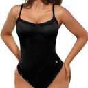 Popilush Lace Body Suits Women - Square Neck Sleeveless Thong Bodysuit Tummy Conotrol Double Lined Camisole Tank Tops (Large, Black)