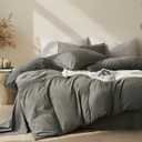 JELLYMONI Duvet Cover Queen Size - Washed Cotton Comforter Cover with Linen-Like Texture,Breathable & Soft Bedding for Modern Home,Guest Room and Everyday Use,Dark Grey 1 Duvet Cover & 2 Pillowcases