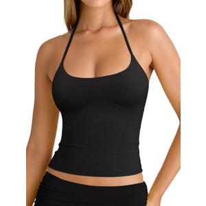 REORIA Women's Sexy Halter Backless Double Lined Tank Top Y2k Trendy Camisole Crop Tops (Black, L)