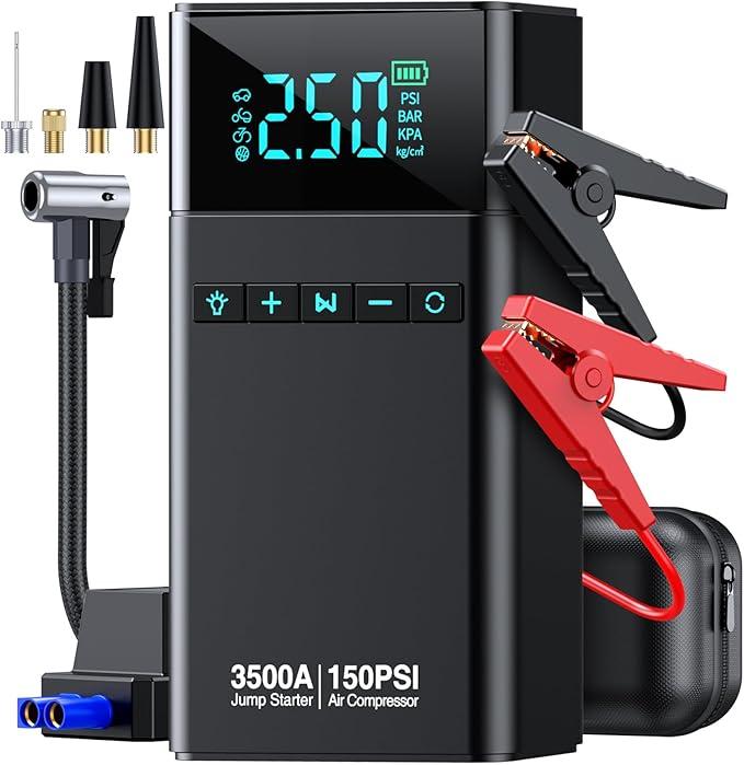 CZKBG Portable Car Starter Motor with Air Compressor, 3500A 150PSI Car Battery Jump Starter Battery Pack (All Gas/10L Diesel), 12V Car Spring Box Car Battery Jumper Starter, Large LCD Display, 2