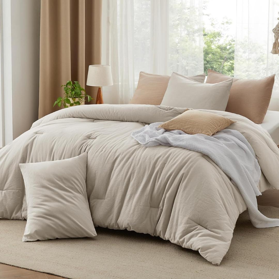 Bedsure Comforter Twin Size - Cotton Fabric with Microfiber Inner Fill, Linen Color