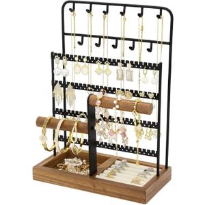 Jewelry Holder Organizer Stand 4-Tier Necklace Stand Earring Holder with Wooden Tray, Jewelry Rack for Bracelets Watches and Rings Display Stand, Gifts for Women & Girls-Black