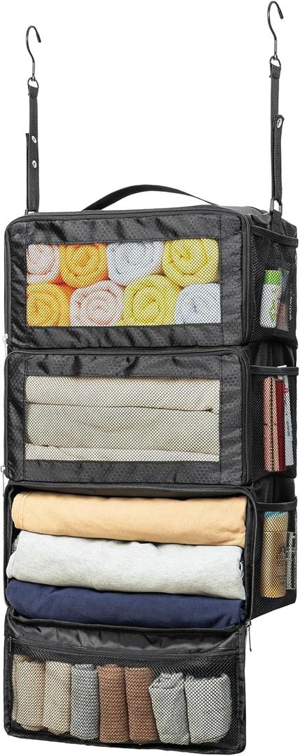 Suitcase Organizer, Travel Luggage Organizer Hanging Shelves Packing Cube Closet/Collapsible Portable Travel Organizer for Carry-on (Medium, Black-M-3 Tier)
