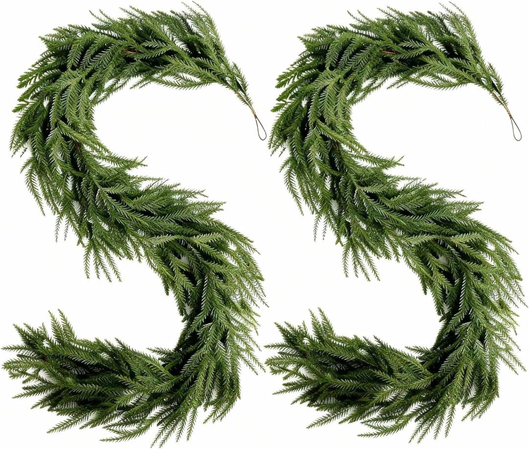 2 Pcs 6 Ft Christmas Artificial Norfolk Pine Garlands, Real Touch Winter Pine Garland, Green Artificial Greenery Garland for Mantle, Table, Wall, Fireplace, Indoor &Outdoor Holiday Decorations