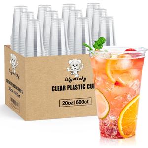 Lilymicky 600 Pack 20 oz Clear Plastic Cups, PET Disposable Drinking Cups, Crystal Clear, Perfect for Ice Coffee, Smoothie, Soda, or Any Cold Drinks (EXP 03/11/33)