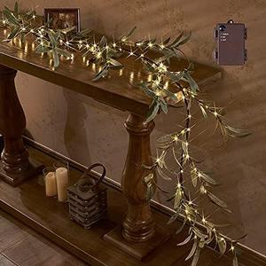 Hairui Lighted Artificial Olive Garland 6FT 96 LED Fairy Lights Battery Operated, Faux Vine Lights with Timer for Spring Christmas Holiday Fireplace Decoration