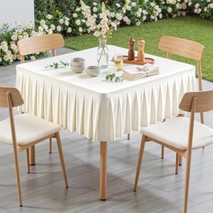 Ivory Square Tablecloth - 34x34 Inch Stretchy Fitted Tablecloths for Small Square Card Tables with Ruffle Pleated Table Skirt Wrinkle-free Spandex Table Cover for Dining, Kitchen, Patio & Gift Display