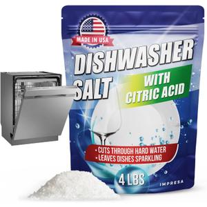 IMPRESA Dishwasher Rinse Aid with Citric Acid Cleaner - Dishwasher Salt Hard Water Stain Remover - Powerful Cleaner, Descaler, Water Softener, Detergent Booster - 4LB (64 Ounce (Pack of 1))