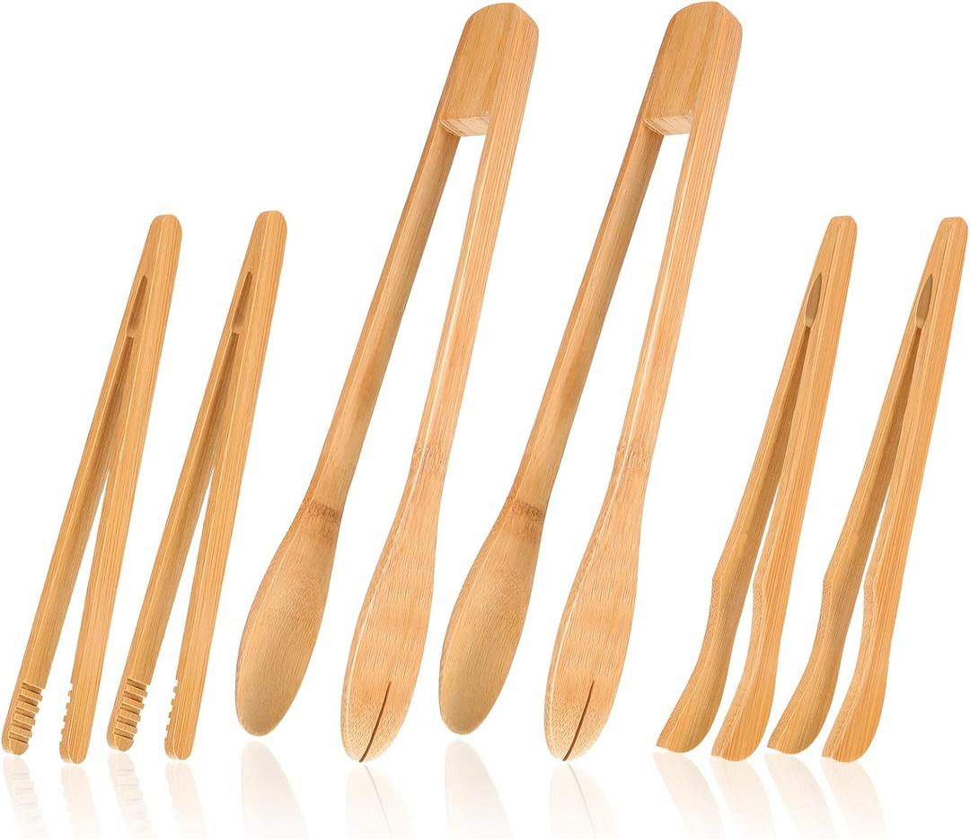 Zopeal 6 Pcs Wooden Kitchen Tongs Long Bamboo Kitchen Bamboo Toaster Cooking Tongs for Picking Up Cheese Bacon Toast Cake Fruits Bread