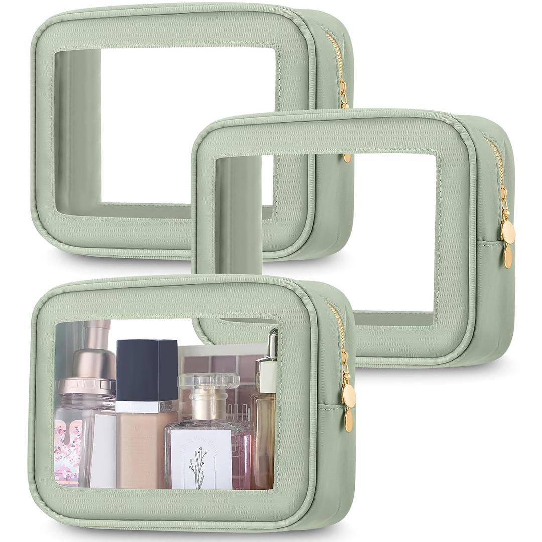 Abbylike 3 Pcs Clear Makeup Bags Car Cosmetic Bag with Zipper Nylon PVC Travel Toiletry Pouches Sets for Women New Years Gifts, Valentine's Day Wedding Gift for Her(Green)