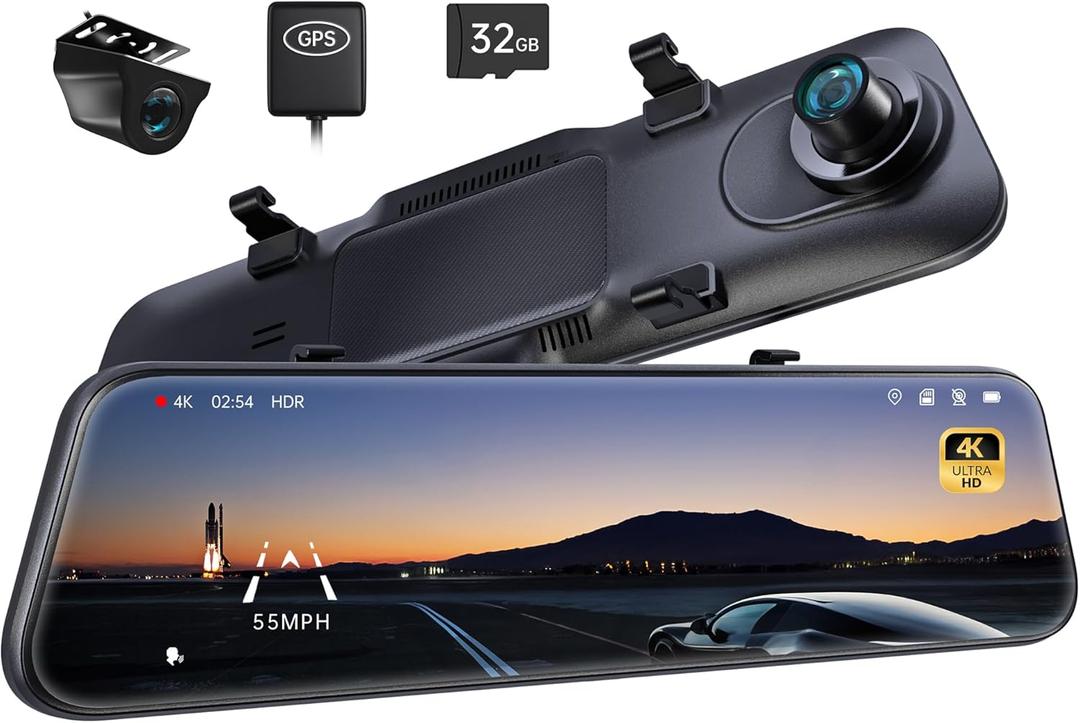 Pelsee P12 Pro 4K Mirror Dash Cam, 12'' Rear View Mirror Camera Smart Driving Assistant w/ADAS and BSD,2160P Front and 1080P Rear Camera,Voice Control,Night Vision,Parking Monitoring, 32G Memory Card