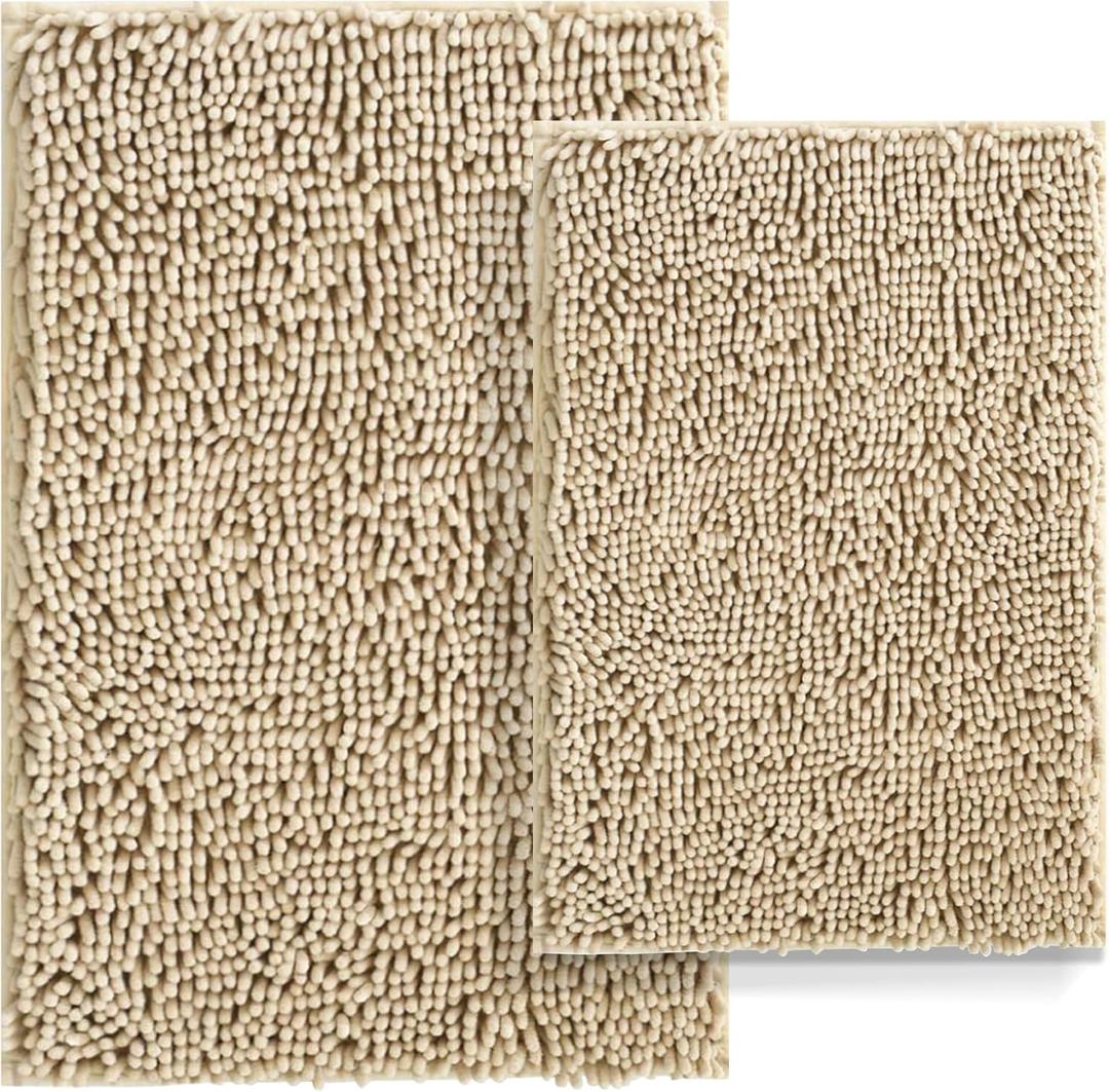 RUN HELIX Beige Bathroom Rug Mat, Extra Thick and Absorbent Bath Rugs, Non-Slip Bath Mat Set, Chenille Soft Plush Shaggy Rugs, Washable Bath Mats, Bath Rugs for Bathroom, Bedroom,24x16+20x32 Inch,