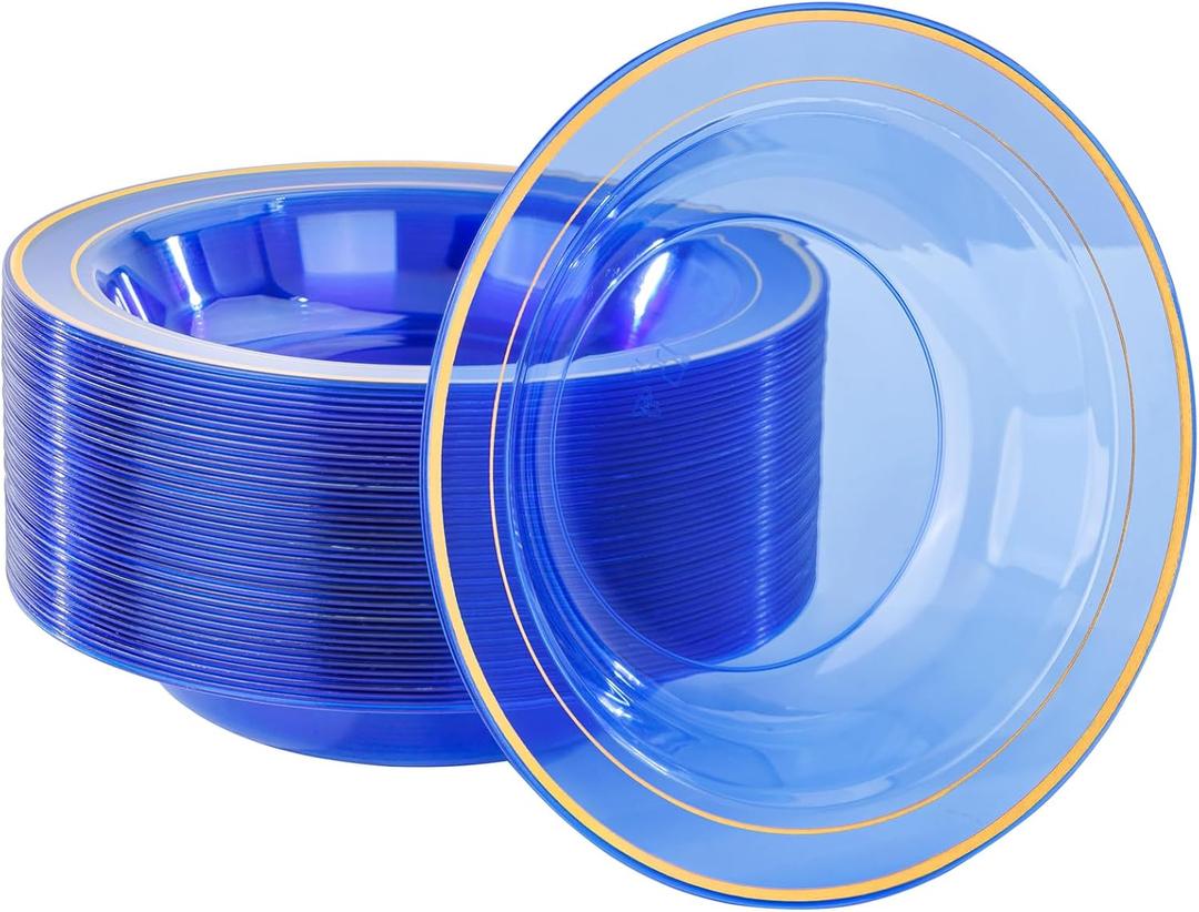 Nervure 50 Pack Blue Plastic Bowls with Gold Rim - 12oz Disposable Soup Bowls - Heavy Duty Dessert Bowl, Salad Bowls & Ice Cream Bowl for Weddings, Parties, Dinners, and Everyday Use