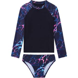 Girls Rash Guard Swimsuit Long Sleeve Two Pieces Bathing Suit | Tankini Swimwear with Briefs, Toddler Kids Design, Adorable Swimwear, UPF 50+ Sun Protection, Quick Dry (Black)
