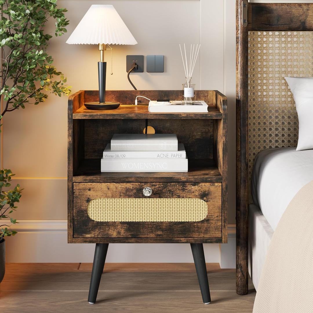 End Table with Diamond Handle, Nightstand/Bedside Table with Charging Station, Rustic Brown