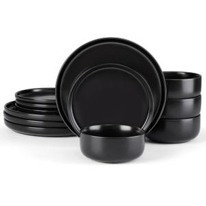 E-far Stoneware Dinnerware Sets for 4, 12-Piece Plates and Bowls Set, Modern Ceramic Dishes Dinning Ware, Microwave & Dishwasher Safe - Matte Black