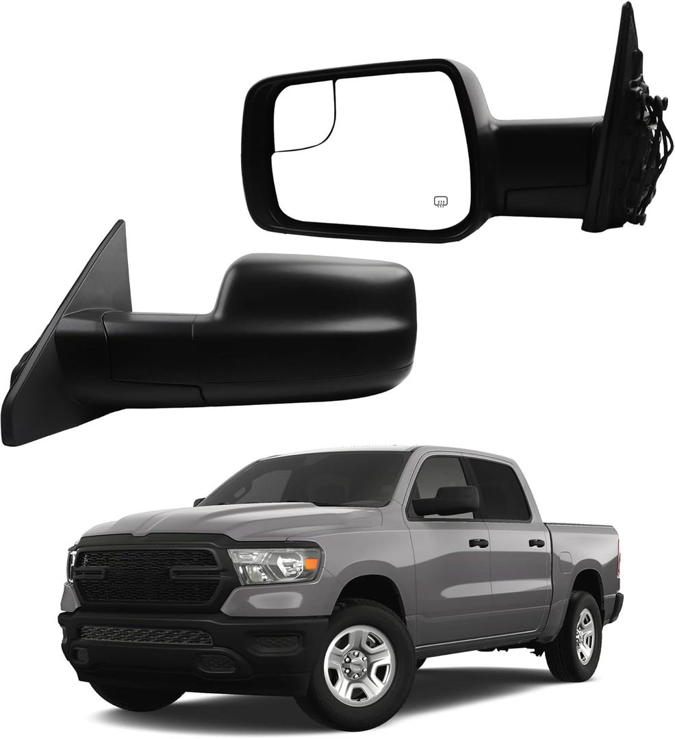 Dasbecan Left Driver Side Mirror Compatible with 2019-2024 Ram 1500 Rearview Mirror with Temp Sensor/Power Heated Glass/Manual Folding/Black Texture Cover Replace# 68276499AA CH1320471(7pins)