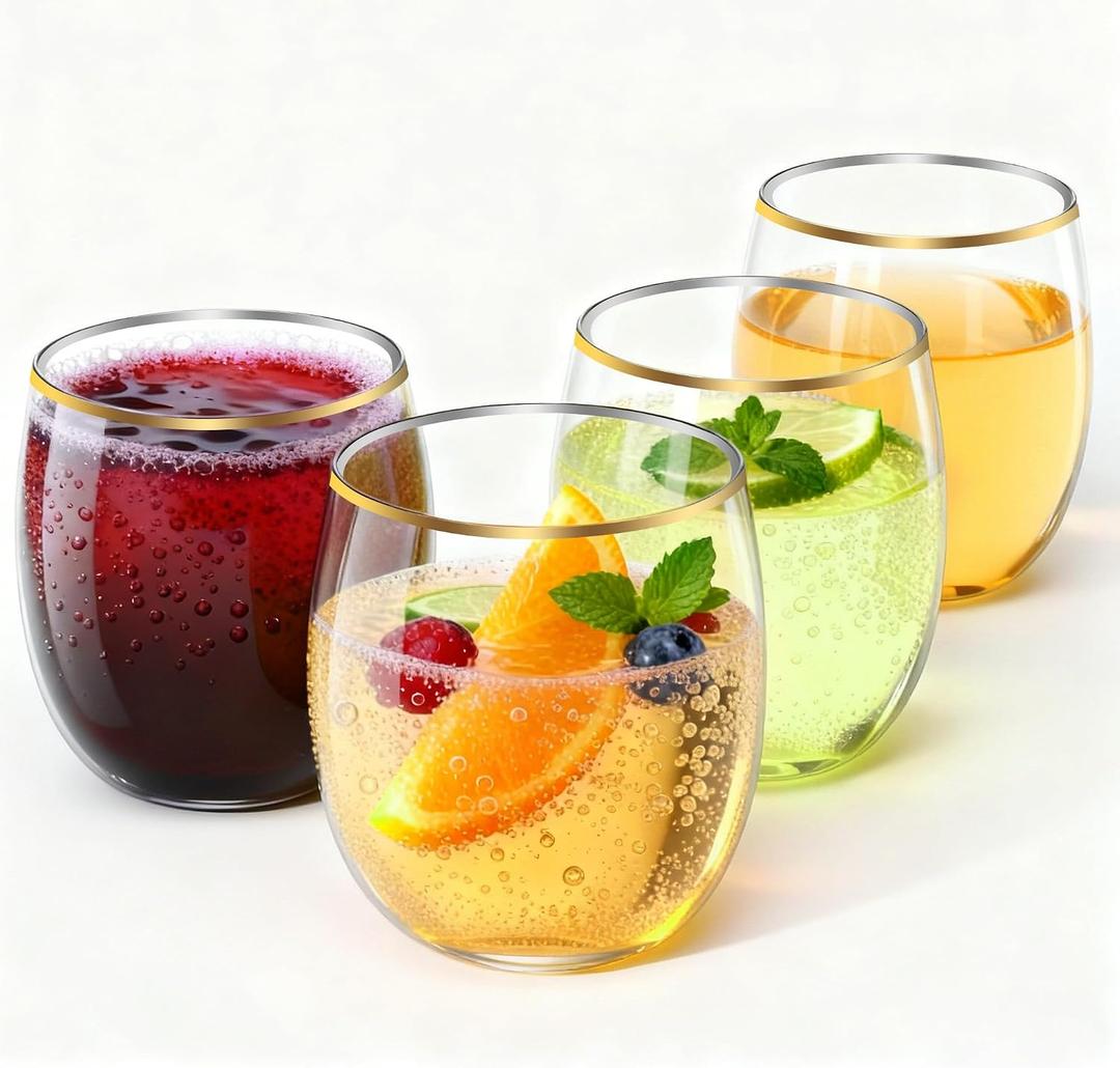 32 Pack 12oz Plastic Stemless Wine Glasses wihth Gold Rim, Disposable Clear Wine Cups - Shatterproof, Unbreakable & BPA-Free, Recyclable Drinkware for Wedding, Birthday Party, New Year, Holidays