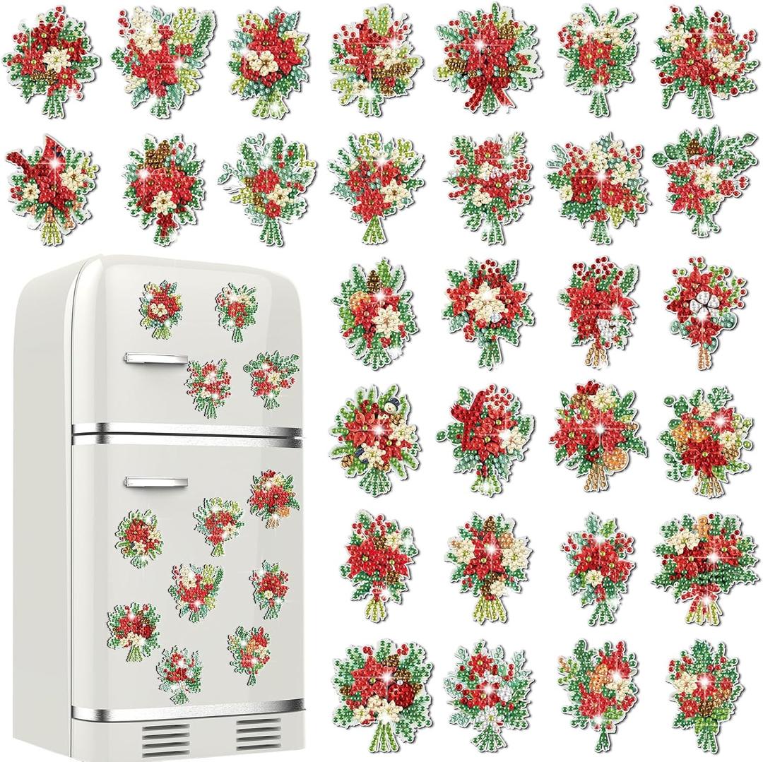 Xuhal 30 Pcs Christmas Poinsettia Diamond Painting Magnets Christmas Flower Diamond Art Magnet Kits for Adults Poinsettia Refrigerator Magnetic Sticker 5D Rhinestone Fridge Sticker for DIY Crafts Gift
