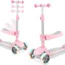 3 Wheel Scooter for Kids Ages 2-10 Years, 2 in 1 Kick Kids Scooter with Swivel Seat, Flashing Wheels and Light up Deck, 4 Adjustable Heights, Lean to Steer, Suitable for Boys & Girls Aged 2+ (Pink)