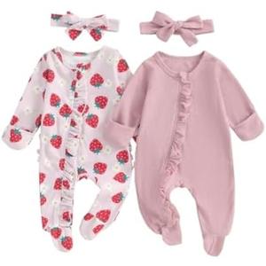 Baby Girl Footies Newborn Zipper Sleeper 2 Pack Ruffle Pajamas Romper Coming Home Outfit 52