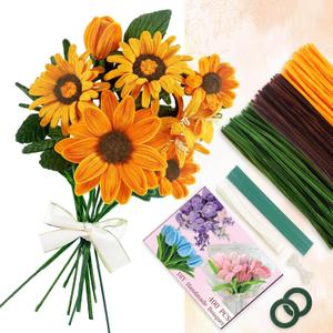 400 Pcs Golden Pipe Cleaners Craft for Flowers, 3 Colored Pipe Cleaner Flower Kit, Pastel Chenille Stems for Handmade Bouquet Wrapping Party Decorations with Floral Wire, Ribbons, Tape