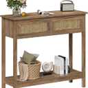 Farmhouse Rattan Console Table with 2 Drawers 2 Tier Boho Narrow Long Sofa Table Natural with Open Storage Shelf Wood Entryway Table for Living Room Hallway Foyer