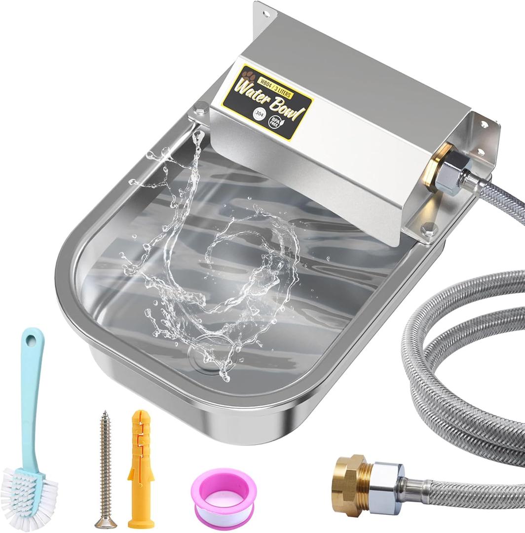 PETTEN 3L Automatic Dog Water Bowl Dispenser, Stainless Steel Self-Filling Water Bowl for Large Dogs & Outdoor Auto-Filling Fresh Water with 3/4" GHT Hose Connection