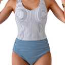 Eomenie Two Piece Tankini Swimsuits for Women Tummy Control Bathing Suits Cutout Back Swim Tank Top with High Waisted Bottom (Small, Blue and White Strip)