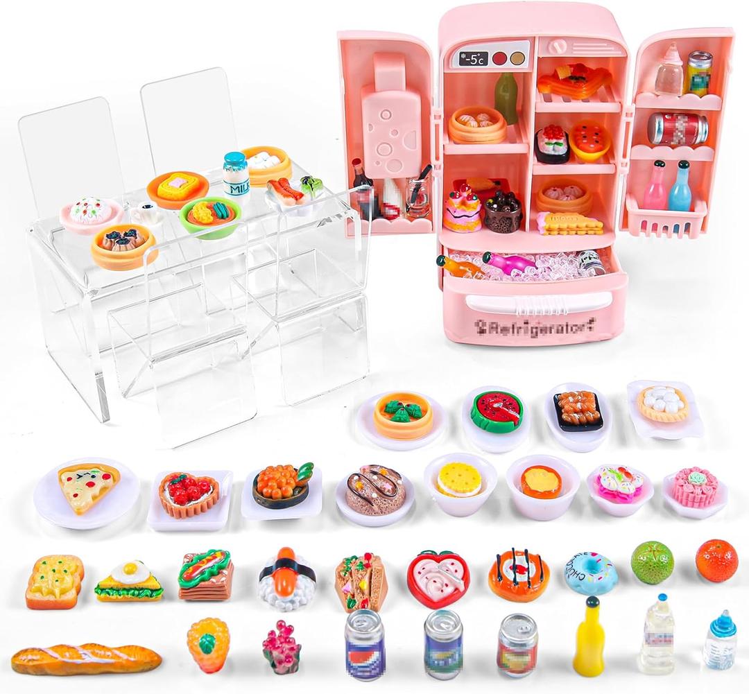 95 Pcs Dollhouse Refrigerator Mini Fridge Table Dining Car Toy with Food Set Kitchen Furniture Miniatures Party Fruits Juice Milk Desserts for Children Drink Cake Pretend Play Game Fake Ice Cubes