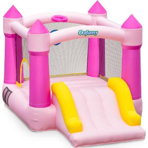Outfunny Indoor Bounce House with Slide, Inflatable Bouncy House for Kids 3-8, Bounce Area 6'x6', Capacity 300 lb - Pink