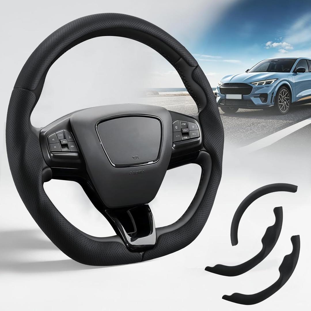 Steering Wheel Cover for Ford Mustang Mach-E 2021-2026, 3-Piece Leather Steering Wheel Accessories Custom Fit for Ford Mach-E (Black Hole)