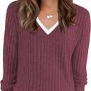 V Neck Long Sleeve Shirts for Women Fall 2025 Casual Business Ribbed Knit Sweater Cute Work Outfits (X-Large, D-wine Red)