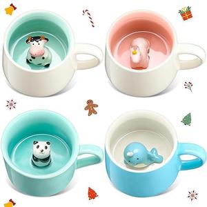 Didaey 4 Pieces 3D Animal Inside Mug 3D Animal Coffee Mugs Cute Figurine Ceramics Cup Hidden 3D Unicorn Whale Panda Cow Inside Mug For Christmas Birthday Holiday Gift For Tea Coffee Lovers