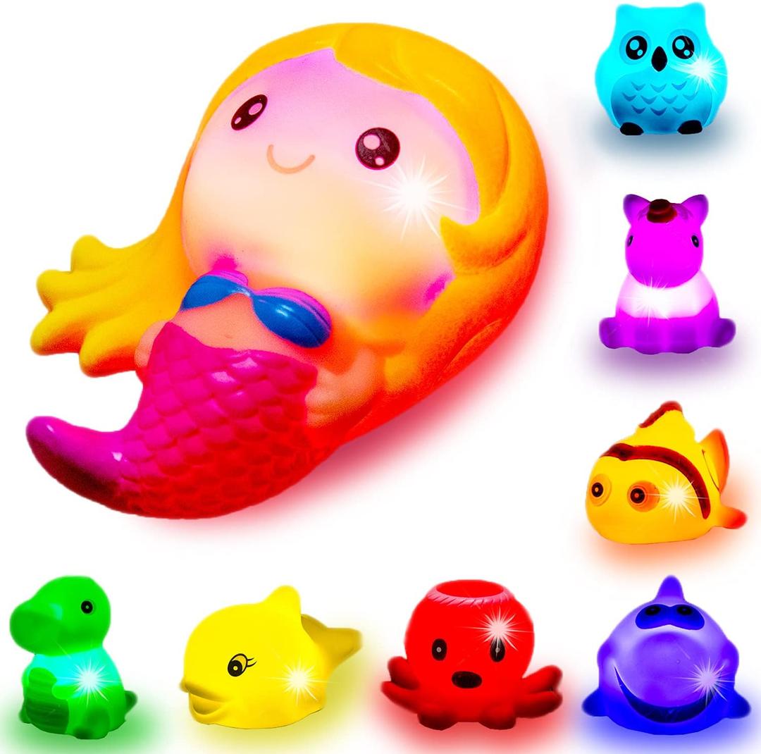 Bath Toys for Toddlers Baby 8 Pack Light Up Toys - Bathtub Toy Flashing Colourful LED Light Shower Bath time for Kids Infants Shark, Clown Fish, Owl, Unicorn, Octopus, Dolphin, Dinosaur Mermaid