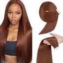 28 Inch Tape In Hair Extensions Color #33 Straight Hair Extensions HuxoWax Double Weft Invisible Copper Red VirgIn Soft And Silky Remy Hair