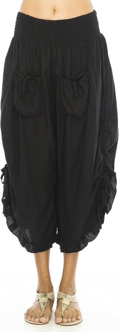Back From Bali Womens Cropped Wide Leg Pants Trouser Comfort Solid Elastic Waist (4XL) (Black)