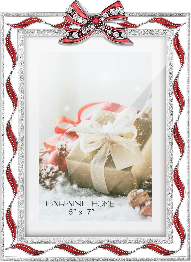 LARAINE Picture Photo Frame 5x7 Metal Ribbon Bow Rhinestones High Definition Display Pictures for Tabletop Home Decorative Holiday Gift (Silver)