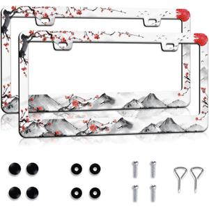 Watercolor Cherry Blossom License Plate Frames 2 Pack Sakura Flower License Plate Holder Car Decor Accessories Stainless Steel Rust-Proof Plate Cover Fits Standard US Vehicles Size 12.2 x 6.3 Inches (Black & Red)