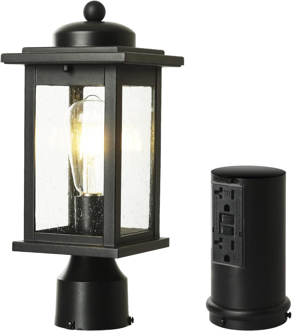 Dusk to Dawn Outdoor Post Light with GFCI Outlet, Waterproof Lamp Post Light Fixture, Aluminum Exterior Post Lamp for Driveway, Backyard, Garden (Black)