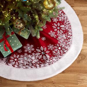 GMOEGEFT Christmas Tree Skirt 32 Inches Red Velvet with Snowflakes Xmas Decorations Holiday Decor