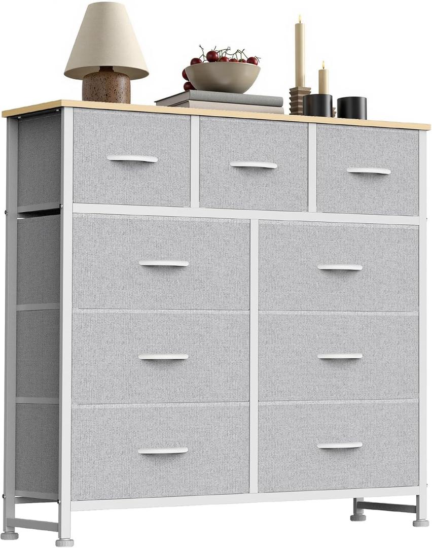 Sweetcrispy 9 Drawer Fabric Dresser Storage Tower with Wood Top and Steel Frame, Organizer Chest with Easy Pull Handles for Bedroom, Closet, Hallway,Light Gray, 11.8"D x 39.6"W x 39.8"H