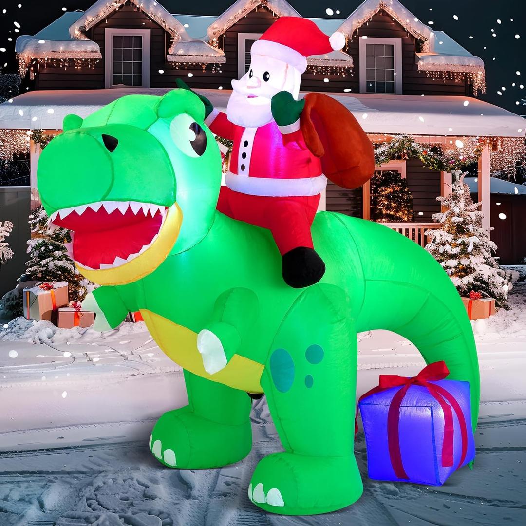Joiedomi 6 FT Long Christmas Inflatable Dinosaur Outdoor Decoration, Inflatable Santa Riding Dinosaur with Build-in LEDs, Christmas Blow Up Yard Decoration for Xmas Party Garden Lawn Winter Décor