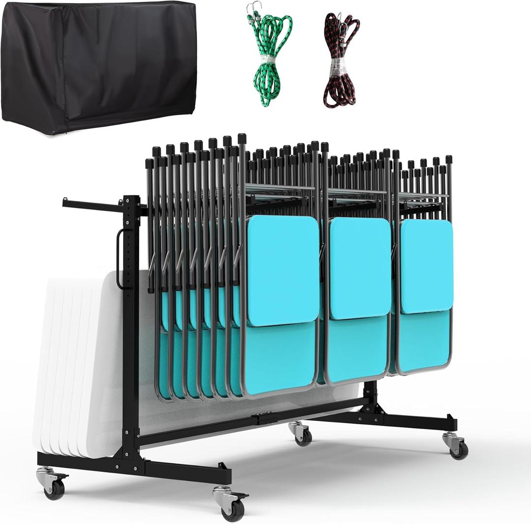 Folding Chair Rack, Heavy-Duty Folding Chair Cart with Swivel Wheels, 600 LBS Capacity for 12 Tables or 42 Chairs, Chair and Table Cart w/Dust Cover and 2 Binding Ropes, 72L x 33W x 42H
