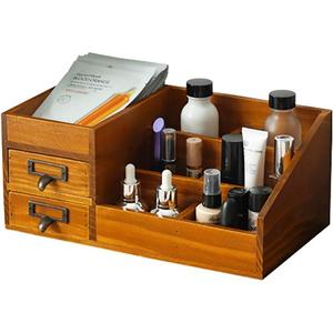 Wooden Farmhouse Makeup Vanity Tray - Rustic Skincare & Perfume Organizer - Bathroom Countertop Storage Box
