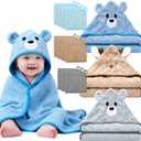 14 PCS Thicken Baby Towels Set, 3 PCS Soft Hooded Baby Towels & 11 PCS Washcloths, Baby Bath Towels for Newborns, Infants & Toddlers, Ultra Absorbent, Cute Baby Towel Gift for Boys (Blue + Brown + Gray)