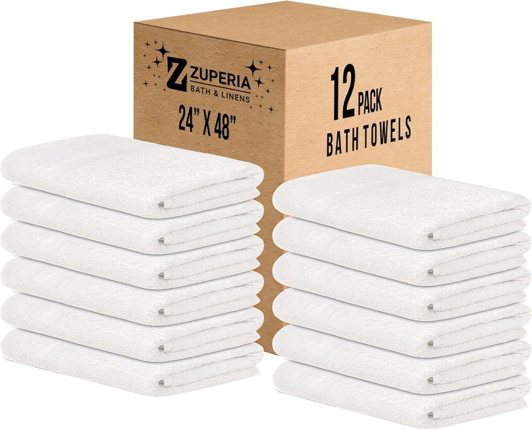 ZUPERIA White Bath Towels Bulk Pack of 12 (24 x 48 Inches), 100% Cotton Economy Light Weight Towels for Commercial Use - Quick Dry, Ultra-Soft, and Absorbent Bulk Towels