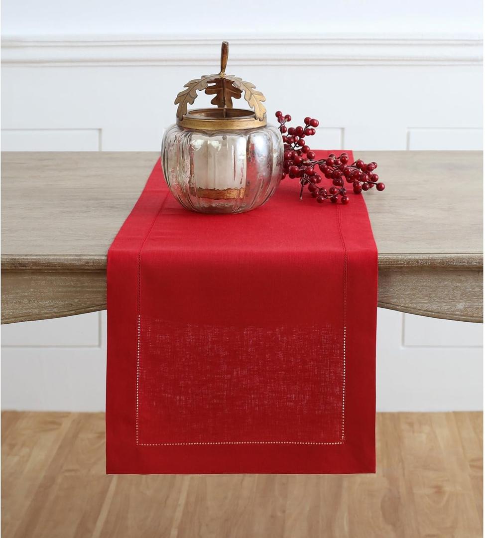 Solino Home Linen Red Table Runner 36 Inches - Classic Hemstitch, 100% Pure Linen Coffee Table Runner 14 x 36 Inch Ideal for Dresser Tables - Valentines, Winter