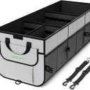 Simniam Car Trunk Organizer with Insulated Grocery Bag- 110L High Capacity Car Storage Box, with 4 Compartments, Reflective Strip, Cover, for Auto, SUV, Truck, Minivan (Grey)